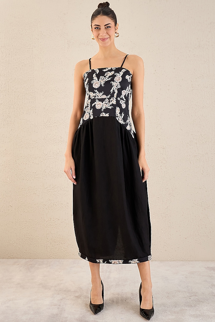 Black Linen Baroque Printed Midi Dress by First Resort by Ramola Bachchan at Pernia's Pop Up Shop