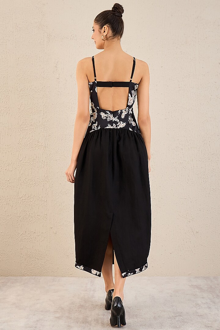 Black Linen Baroque Printed Midi Summer Dress by First Resort by Ramola Bachchan at Pernia's Pop Up Shop