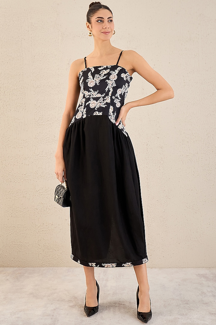 Black Linen Baroque Printed Midi Summer Dress by First Resort by Ramola Bachchan at Pernia's Pop Up Shop
