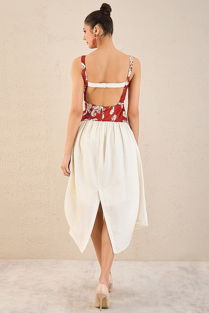 Off-White & Red Linen Baroque Printed Midi Summer Dress by First Resort by Ramola Bachchan at Pernia's Pop Up Shop