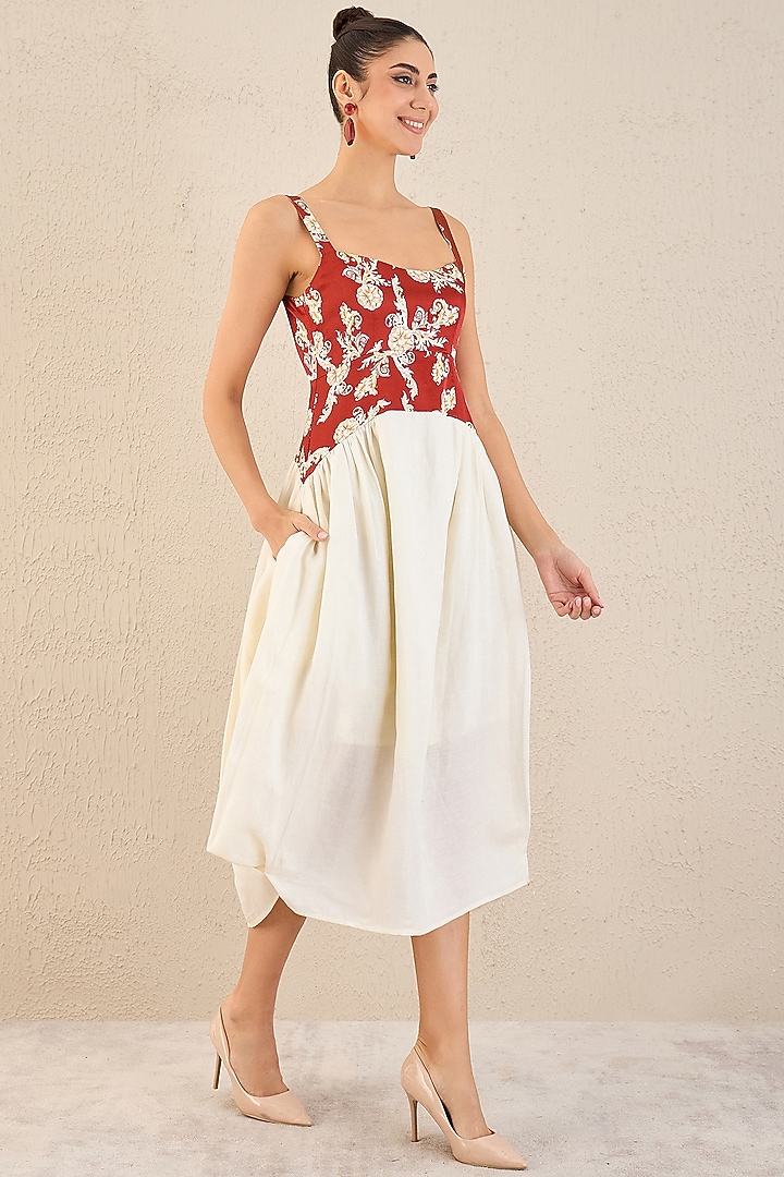 Off-White & Red Linen Baroque Printed Midi Summer Dress by First Resort by Ramola Bachchan at Pernia's Pop Up Shop