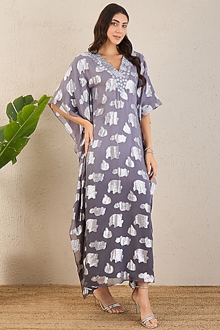 Dark Grey Lurex Georgette Mirror Work Ombre Kaftan by First Resort by Ramola Bachchan