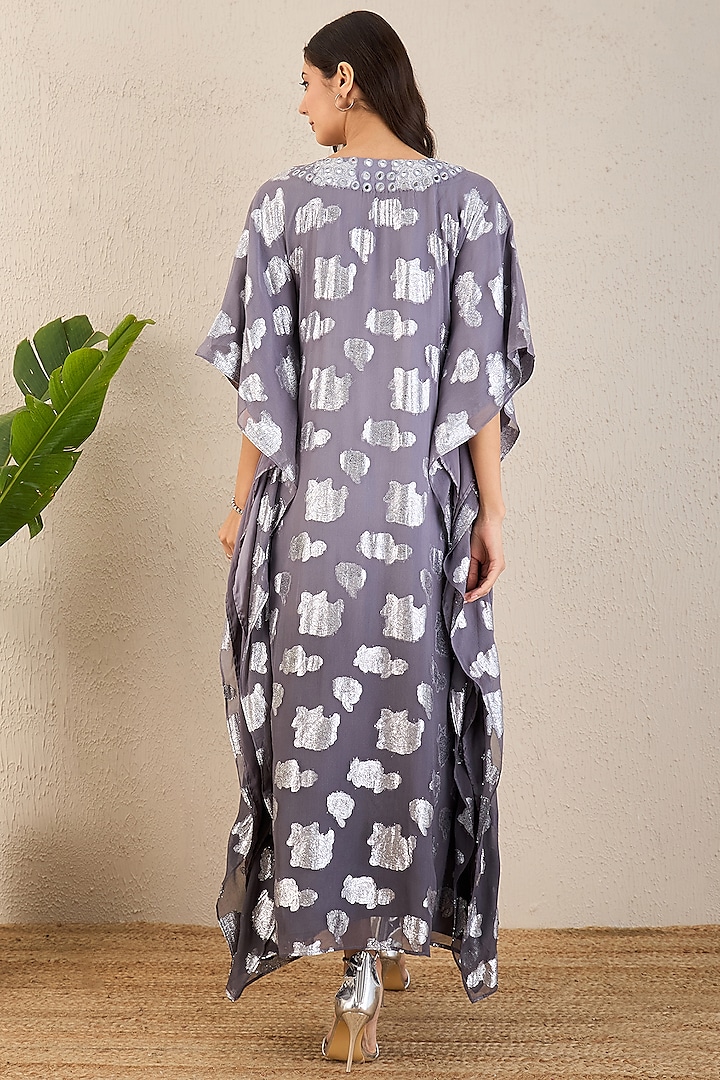 Dark Grey Lurex Georgette Mirror Work Ombre Kaftan by First Resort by Ramola Bachchan at Pernia's Pop Up Shop