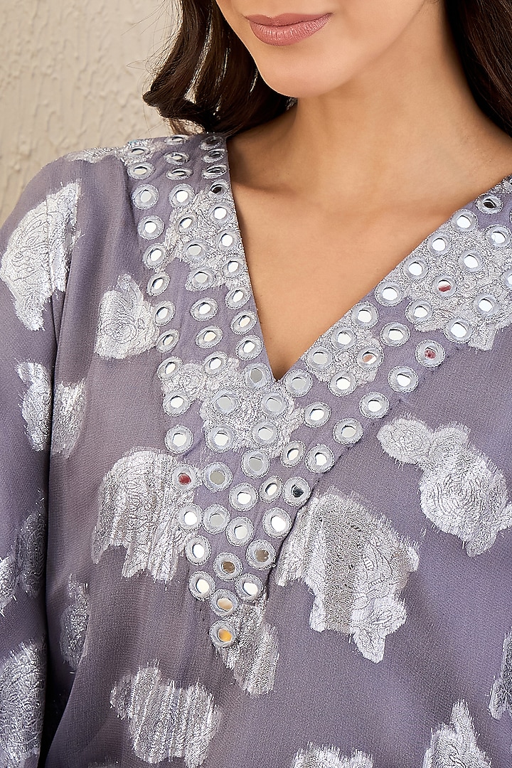 Dark Grey Lurex Georgette Mirror Work Ombre Kaftan by First Resort by Ramola Bachchan at Pernia's Pop Up Shop