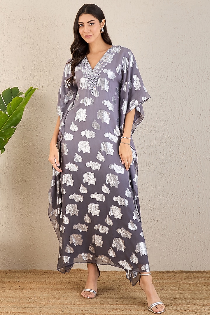 Dark Grey Lurex Georgette Mirror Work Ombre Kaftan by First Resort by Ramola Bachchan at Pernia's Pop Up Shop