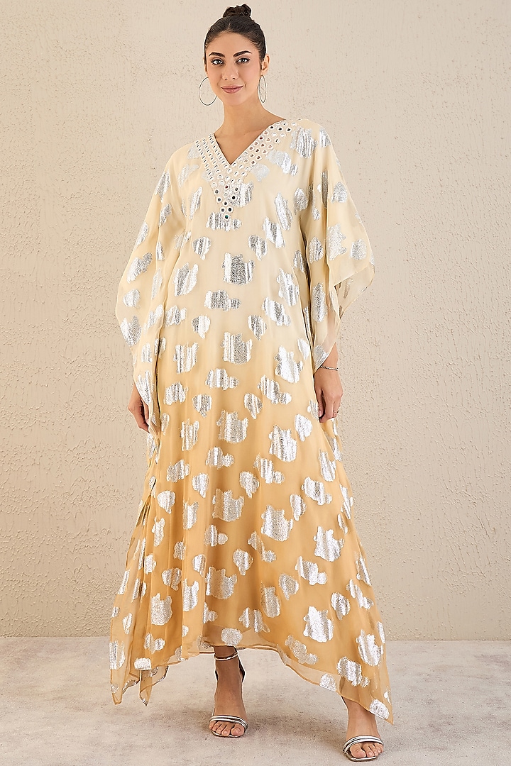 Ivory Lurex Georgette Mirror Work Ombre Kaftan by First Resort by Ramola Bachchan at Pernia's Pop Up Shop