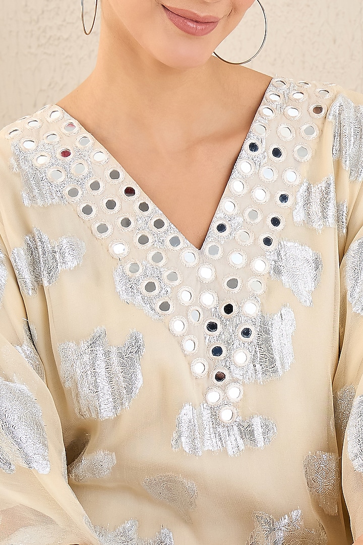 Ivory Lurex Georgette Mirror Work Ombre Kaftan by First Resort by Ramola Bachchan at Pernia's Pop Up Shop