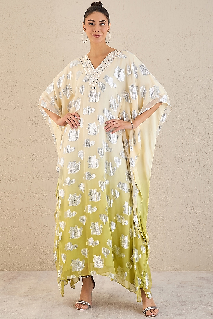 Off-White & Green Lurex Georgette Mirror Work Ombre Kaftan by First Resort by Ramola Bachchan at Pernia's Pop Up Shop