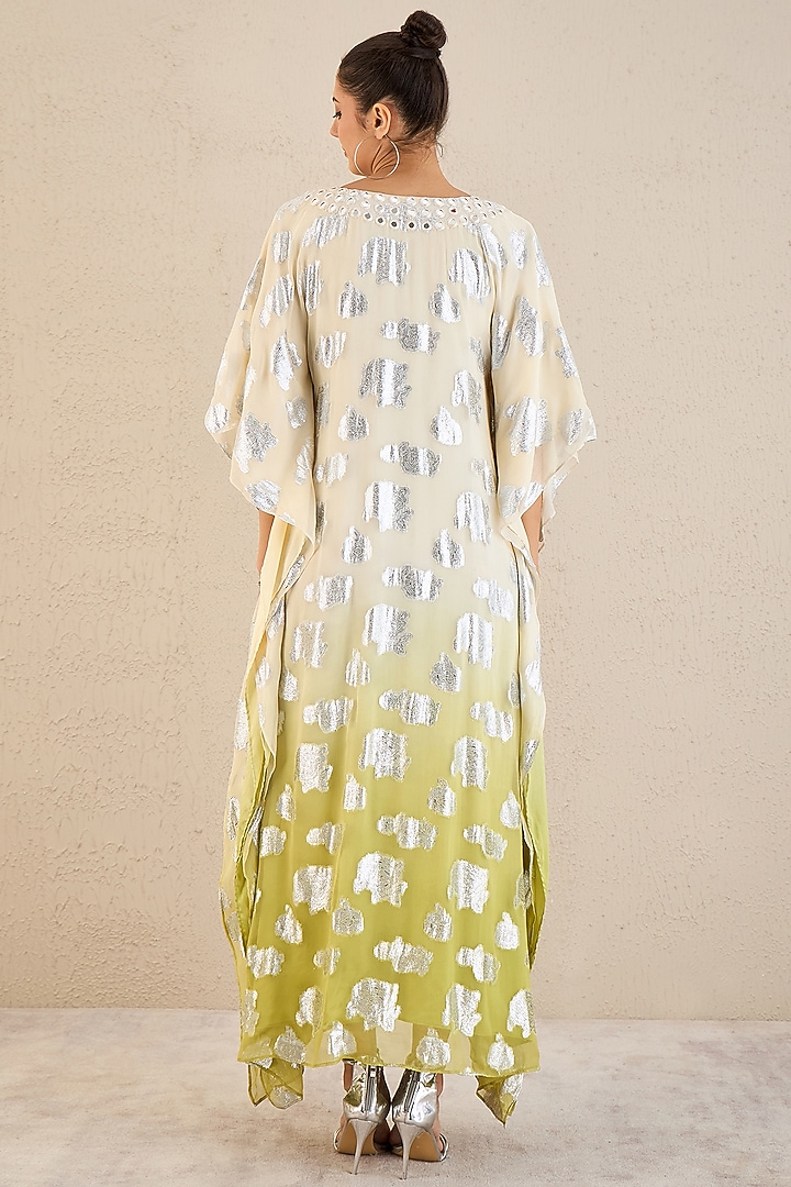 Off-White & Green Lurex Georgette Mirror Work Ombre Kaftan by First Resort by Ramola Bachchan at Pernia's Pop Up Shop