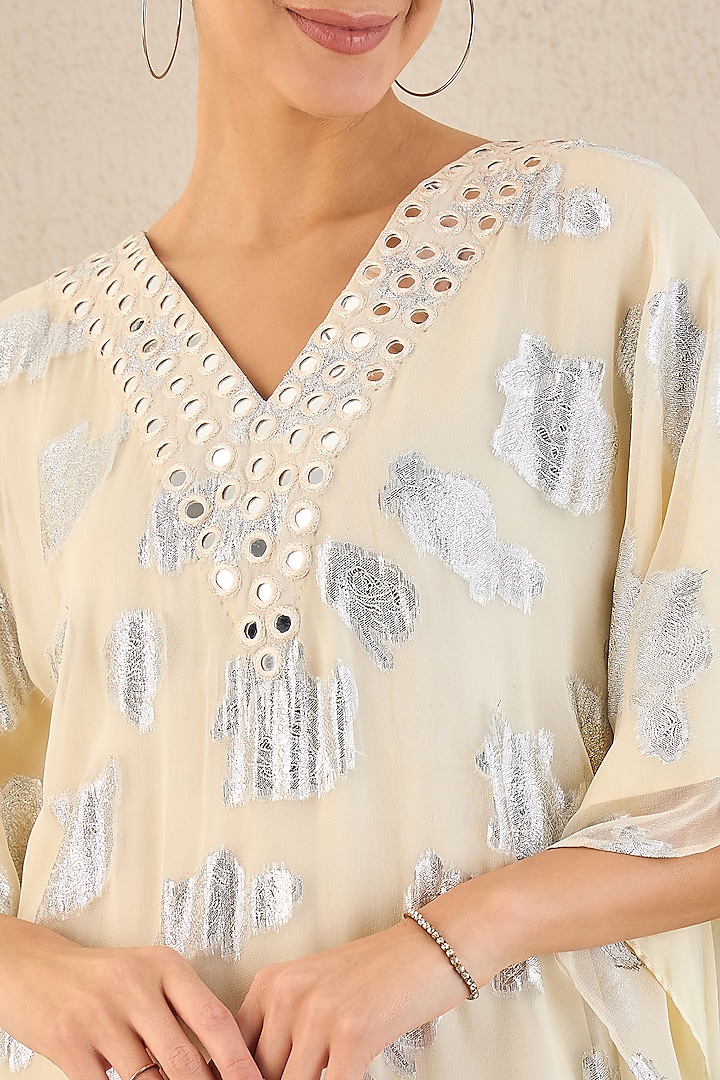 Off-White & Green Lurex Georgette Mirror Work Ombre Kaftan by First Resort by Ramola Bachchan at Pernia's Pop Up Shop