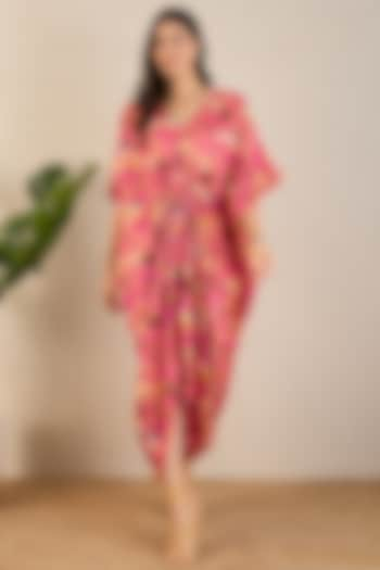 Fuchsia Bemberg Modal Satin Floral Printed Kaftan by First Resort by Ramola Bachchan at Pernia's Pop Up Shop