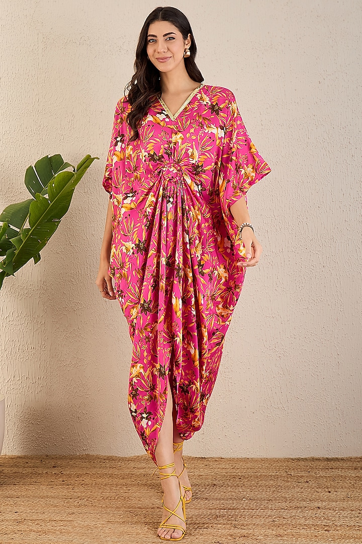 Fuchsia Bemberg Modal Satin Floral Printed Kaftan by First Resort by Ramola Bachchan at Pernia's Pop Up Shop