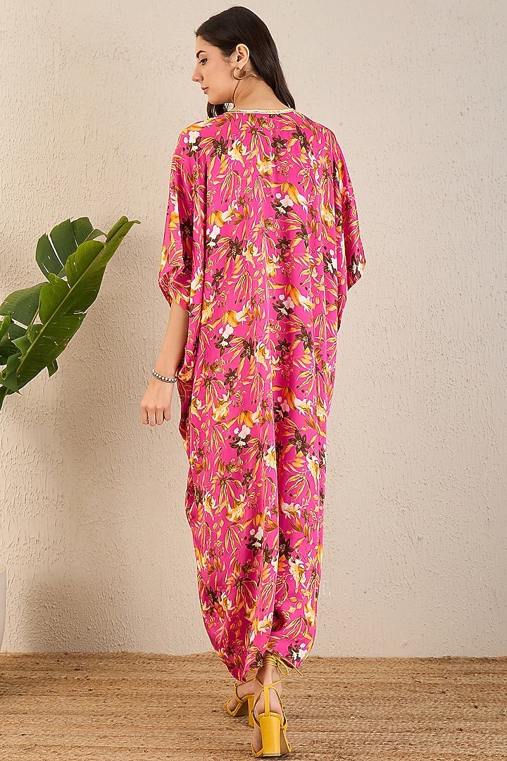Fuchsia Bemberg Modal Satin Floral Printed Kaftan by First Resort by Ramola Bachchan at Pernia's Pop Up Shop