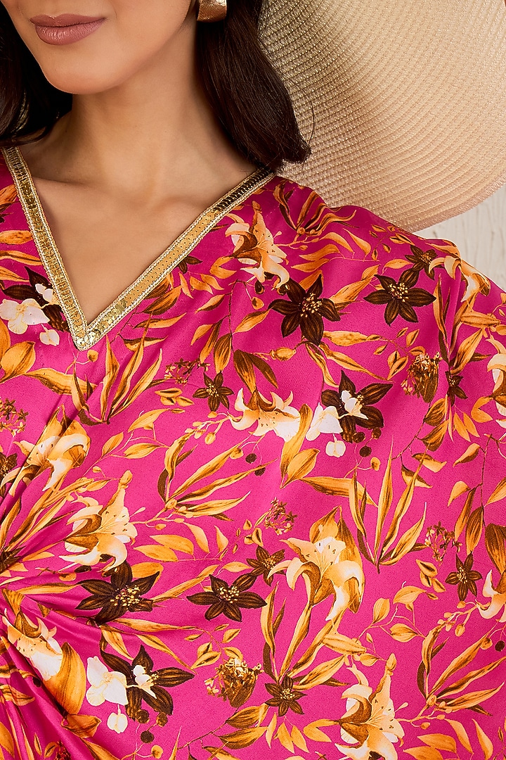 Fuchsia Bemberg Modal Satin Floral Printed Kaftan by First Resort by Ramola Bachchan at Pernia's Pop Up Shop