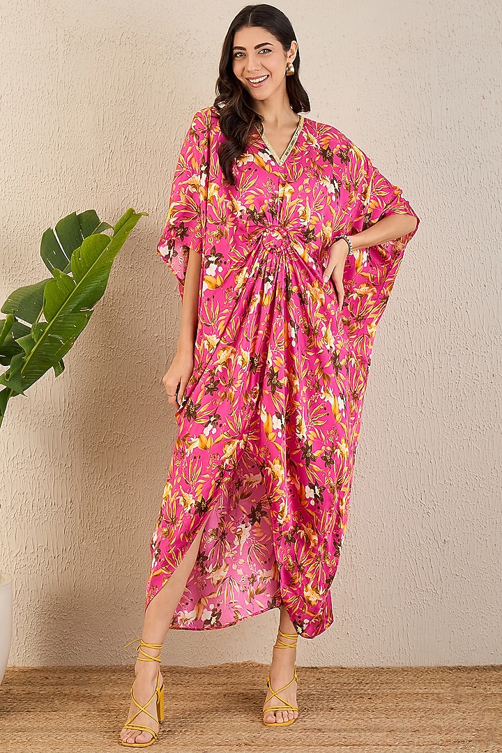 Fuchsia Bemberg Modal Satin Floral Printed Kaftan by First Resort by Ramola Bachchan at Pernia's Pop Up Shop