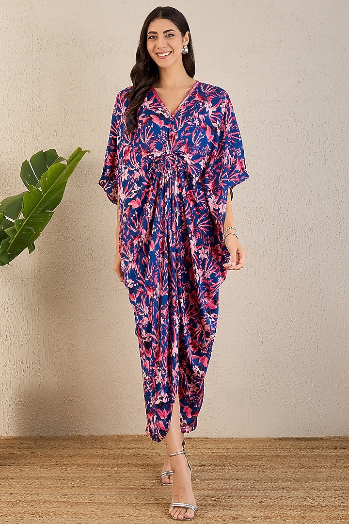 Midnight Blue Bemberg Modal Satin Floral Printed Kaftan by First Resort by Ramola Bachchan at Pernia's Pop Up Shop