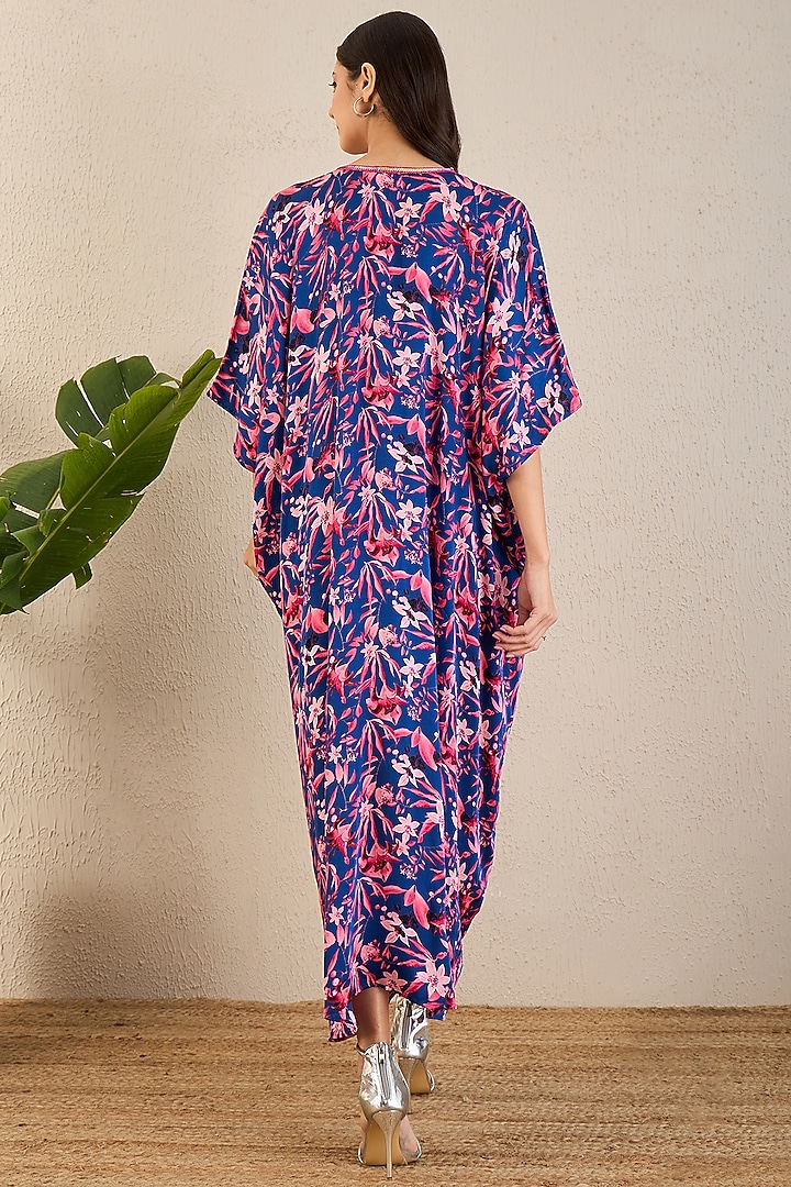Midnight Blue Bemberg Modal Satin Floral Printed Kaftan by First Resort by Ramola Bachchan at Pernia's Pop Up Shop