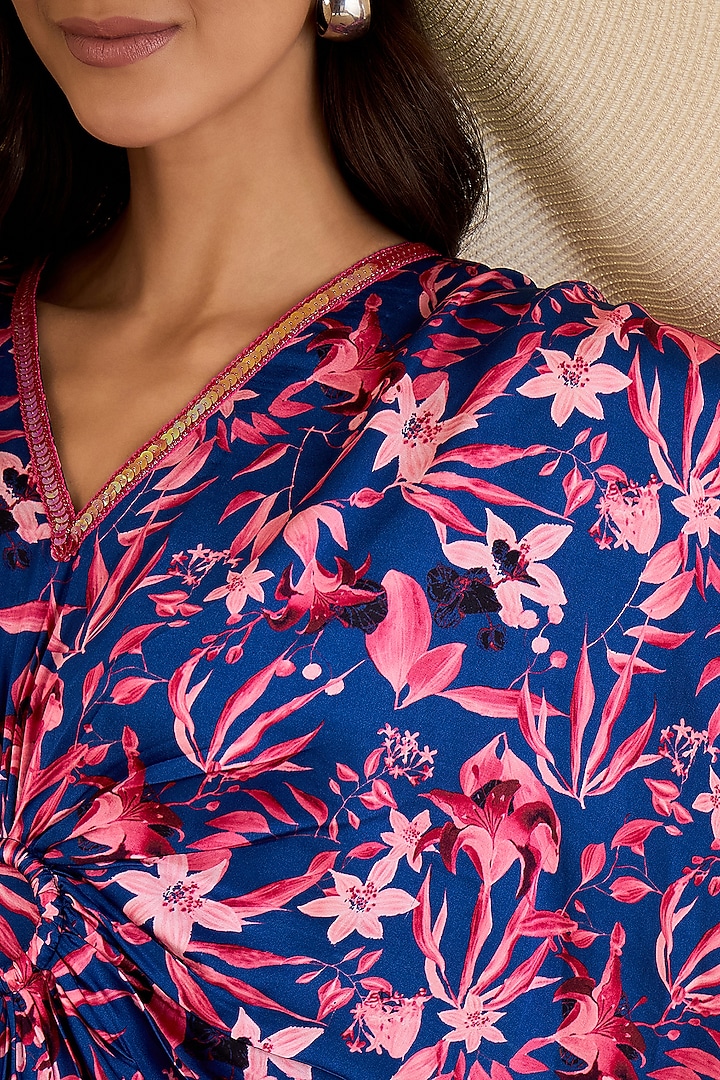Midnight Blue Bemberg Modal Satin Floral Printed Kaftan by First Resort by Ramola Bachchan at Pernia's Pop Up Shop