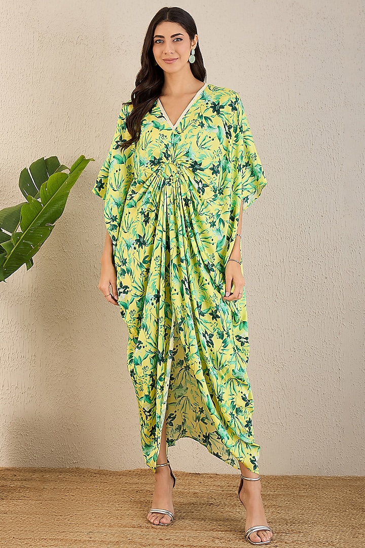 Yellow & Lime Bemberg Modal Satin Floral Printed Kaftan by First Resort by Ramola Bachchan at Pernia's Pop Up Shop