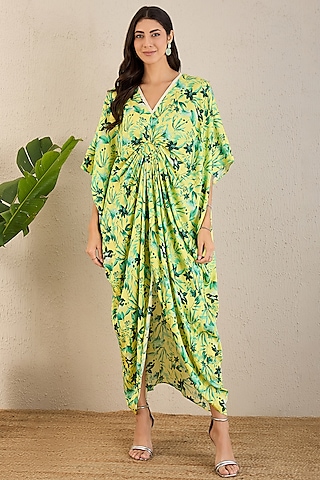 Yellow & Lime Bemberg Modal Satin Floral Printed Kaftan by First Resort by Ramola Bachchan
