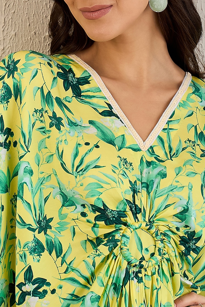 Yellow & Lime Bemberg Modal Satin Floral Printed Kaftan by First Resort by Ramola Bachchan at Pernia's Pop Up Shop