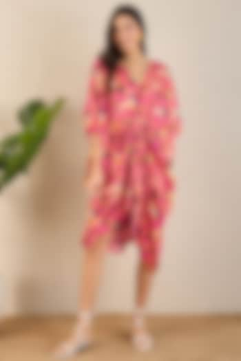 Fuchsia Bemberg Modal Satin Floral Printed Kaftan by First Resort by Ramola Bachchan at Pernia's Pop Up Shop