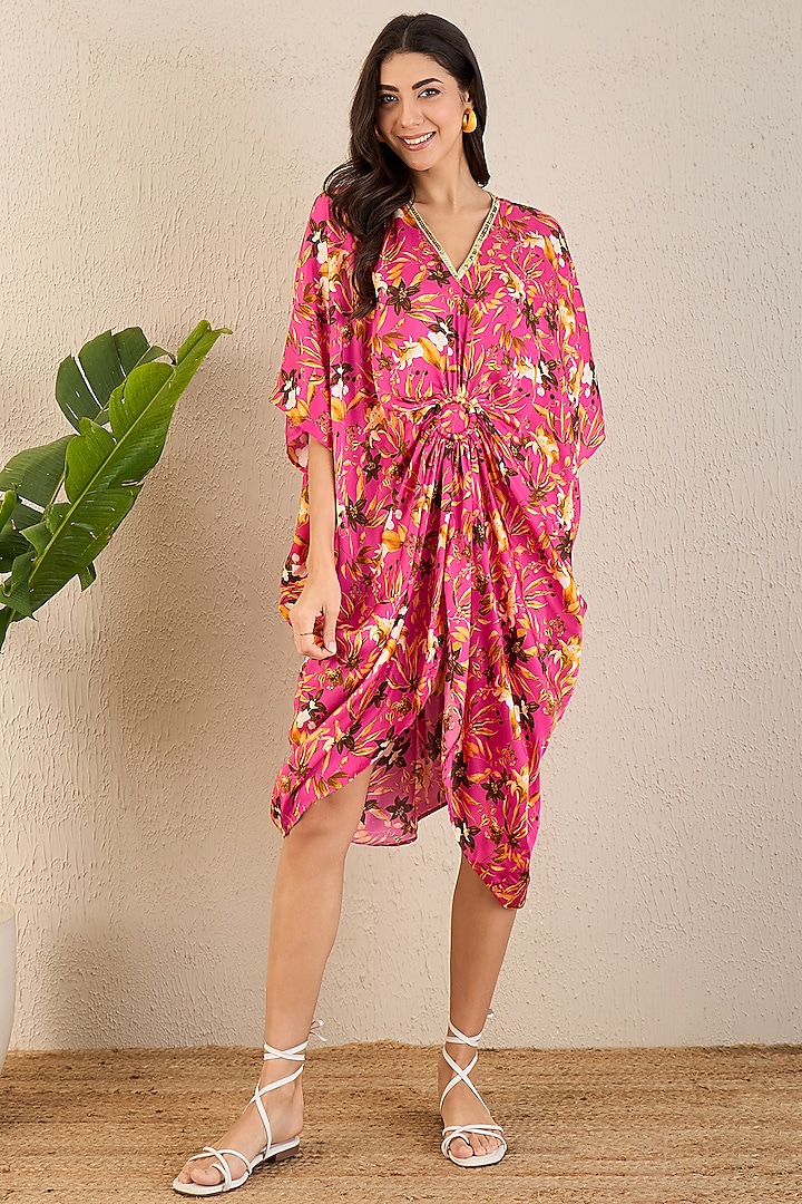 Fuchsia Bemberg Modal Satin Floral Printed Kaftan by First Resort by Ramola Bachchan at Pernia's Pop Up Shop