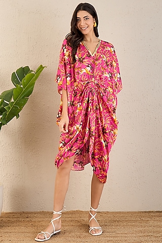 Fuchsia Bemberg Modal Satin Floral Printed Kaftan by First Resort by Ramola Bachchan