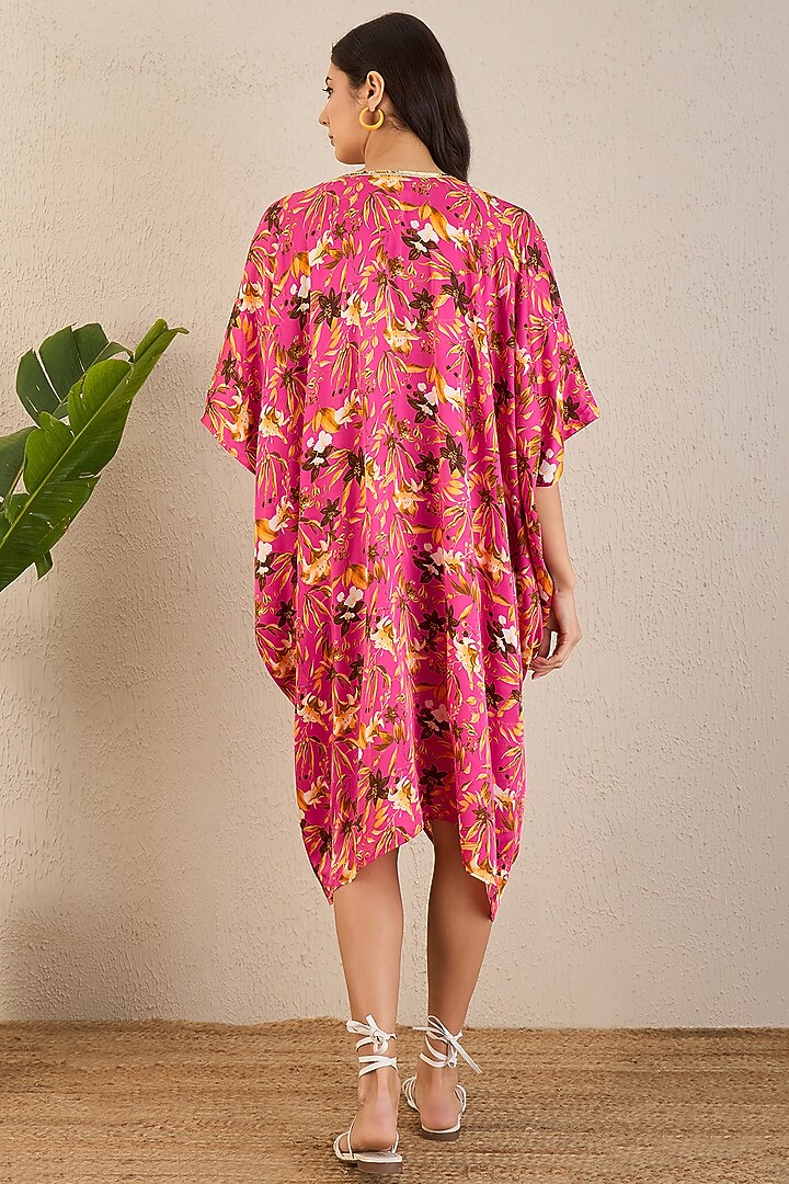 Fuchsia Bemberg Modal Satin Floral Printed Kaftan by First Resort by Ramola Bachchan at Pernia's Pop Up Shop