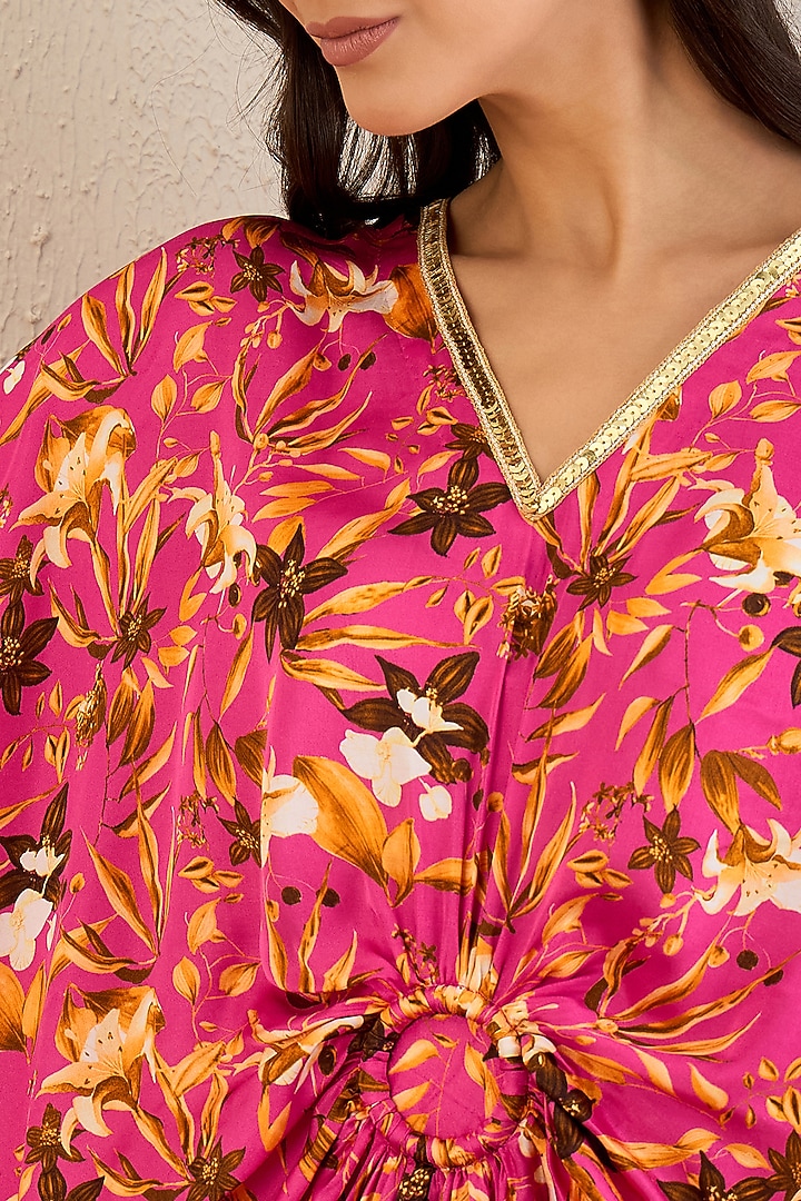 Fuchsia Bemberg Modal Satin Floral Printed Kaftan by First Resort by Ramola Bachchan at Pernia's Pop Up Shop