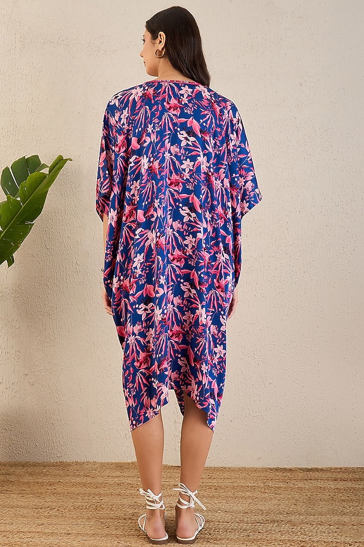 Midnight Blue Bemberg Modal Satin Floral Printed Kaftan by First Resort by Ramola Bachchan at Pernia's Pop Up Shop