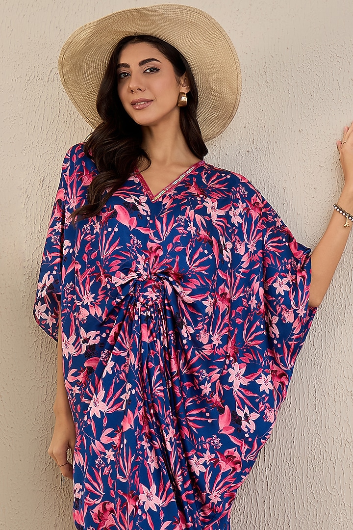 Midnight Blue Bemberg Modal Satin Floral Printed Kaftan by First Resort by Ramola Bachchan at Pernia's Pop Up Shop