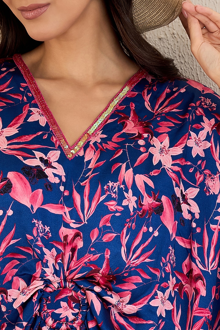 Midnight Blue Bemberg Modal Satin Floral Printed Kaftan by First Resort by Ramola Bachchan at Pernia's Pop Up Shop
