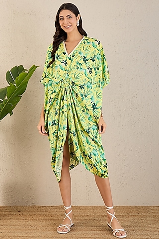 Yellow & Lime Bemberg Modal Satin Floral Printed Kaftan by First Resort by Ramola Bachchan
