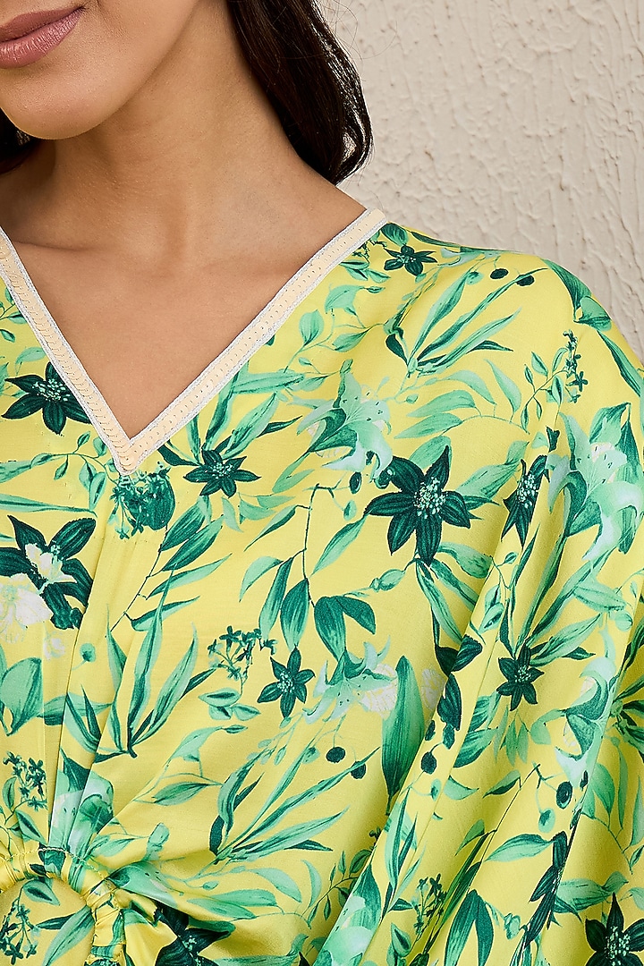 Yellow & Lime Bemberg Modal Satin Floral Printed Kaftan by First Resort by Ramola Bachchan at Pernia's Pop Up Shop