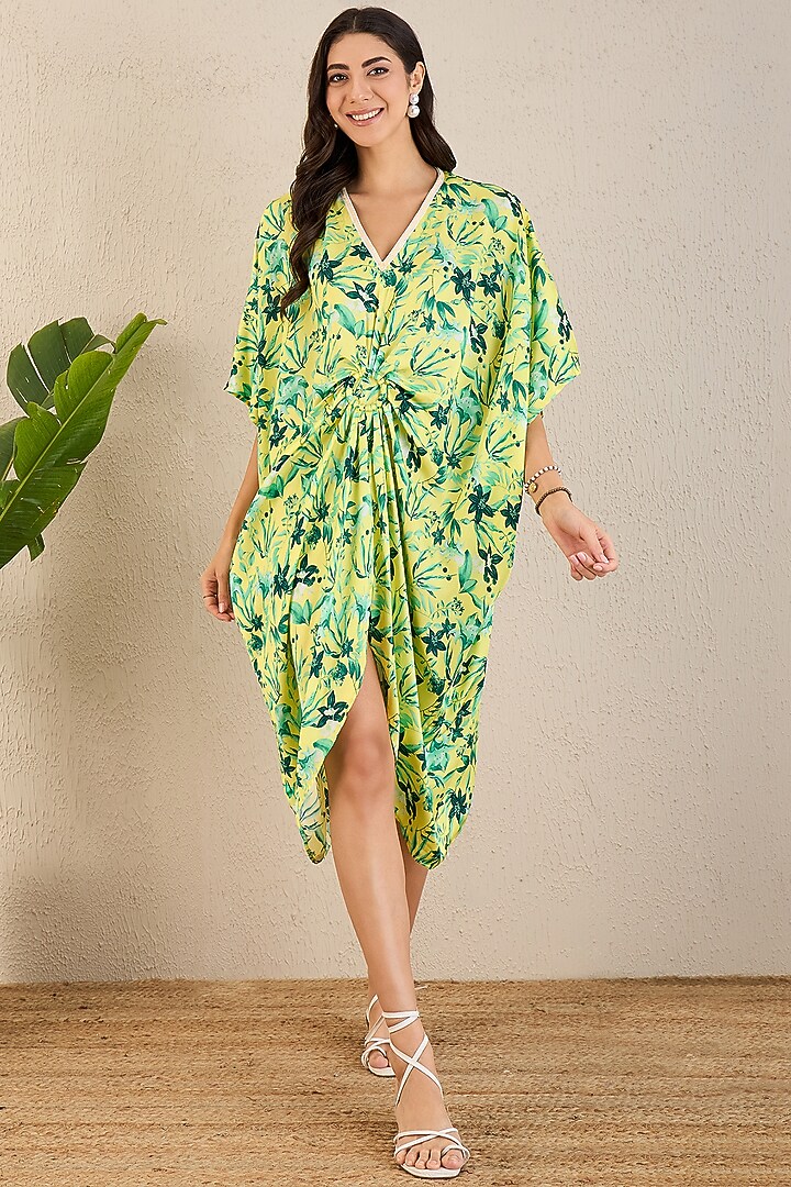 Yellow & Lime Bemberg Modal Satin Floral Printed Kaftan by First Resort by Ramola Bachchan at Pernia's Pop Up Shop