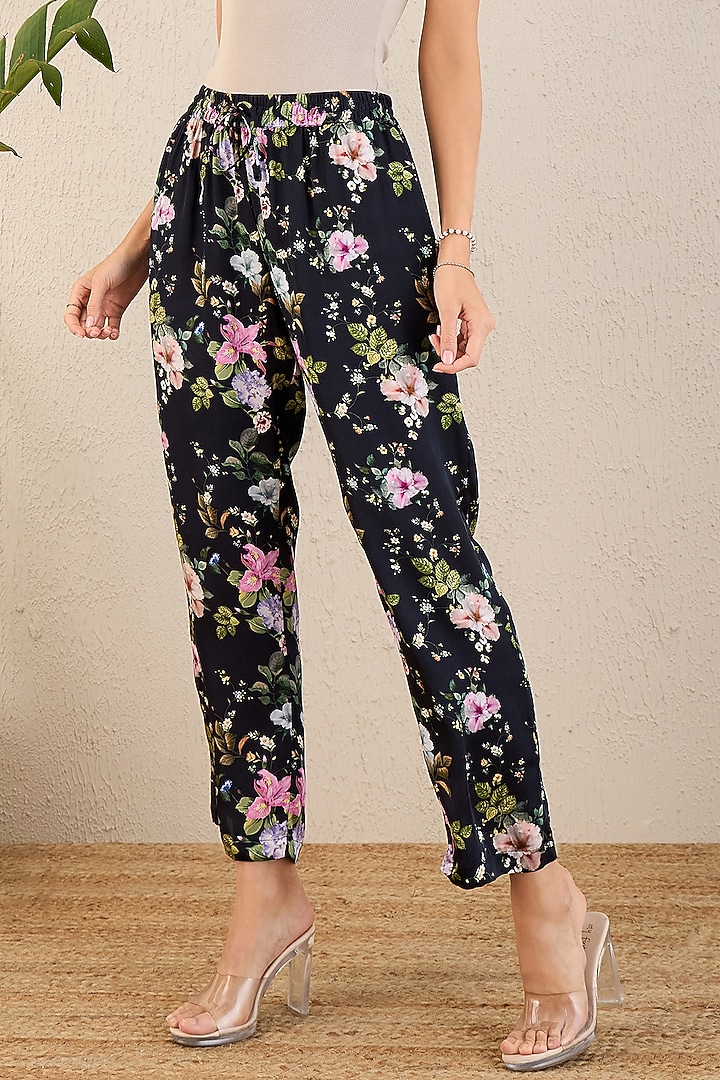 Black Bemberg Modal Satin Floral Printed Co-Ord Set by First Resort by Ramola Bachchan at Pernia's Pop Up Shop