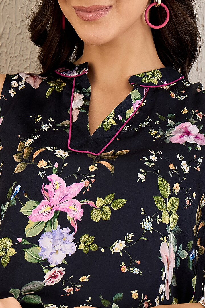 Black Bemberg Modal Satin Floral Printed Co-Ord Set by First Resort by Ramola Bachchan at Pernia's Pop Up Shop