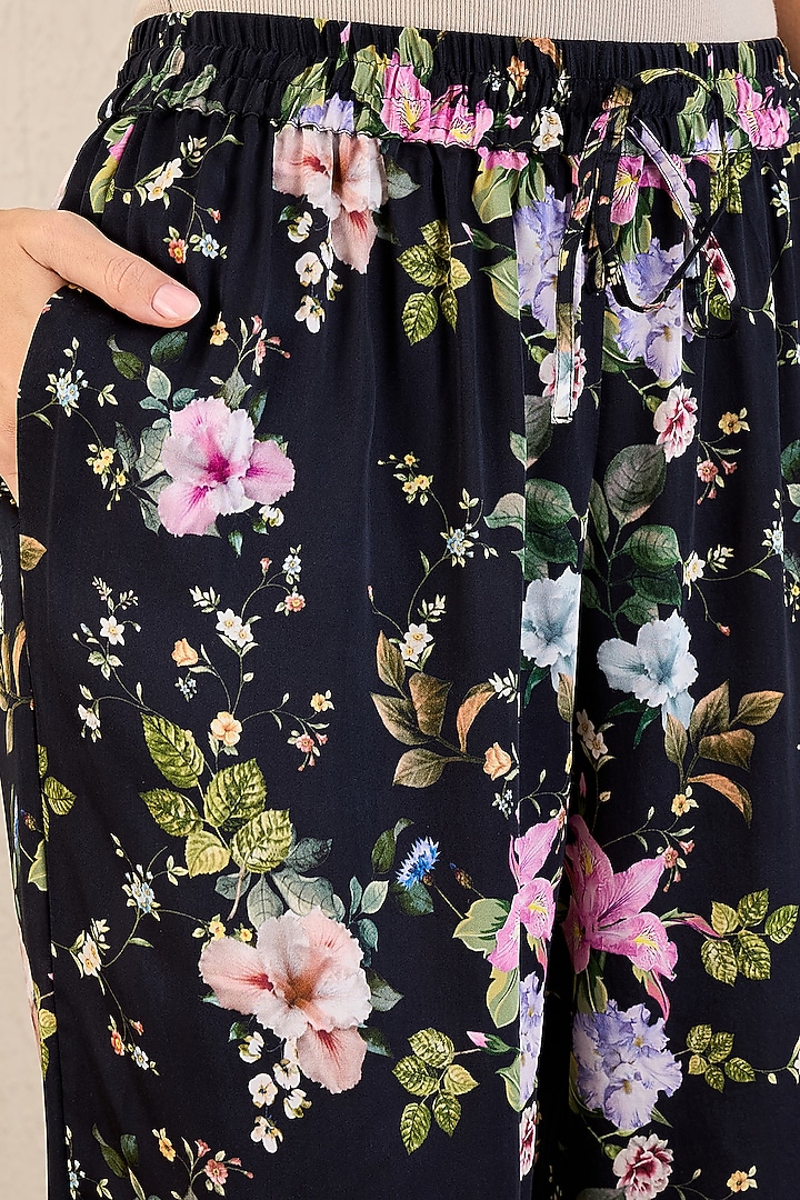 Black Bemberg Modal Satin Floral Printed Co-Ord Set by First Resort by Ramola Bachchan at Pernia's Pop Up Shop