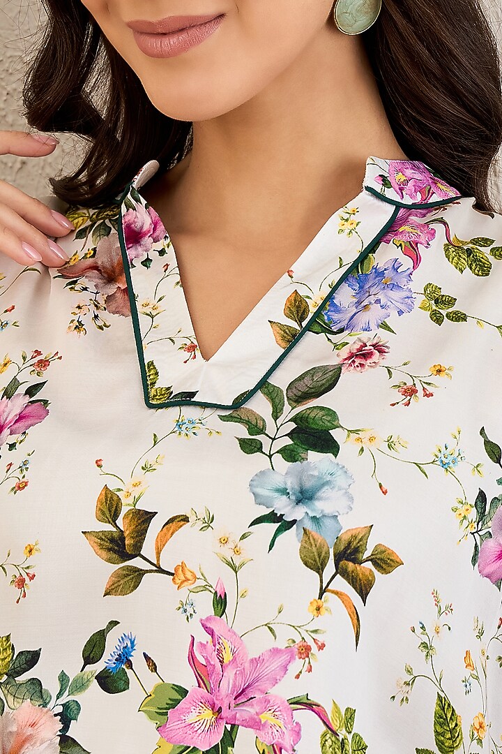 White Bemberg Modal Satin Floral Printed Co-Ord Set by First Resort by Ramola Bachchan at Pernia's Pop Up Shop