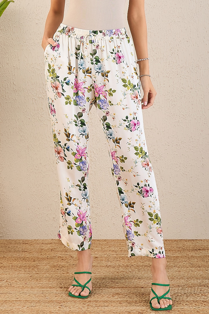 White Bemberg Modal Satin Floral Printed Co-Ord Set by First Resort by Ramola Bachchan at Pernia's Pop Up Shop