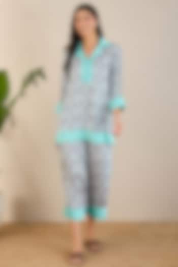 Grey & Aqua Bemberg Modal Satin Geometric Printed Co-Ord Set by First Resort by Ramola Bachchan at Pernia's Pop Up Shop
