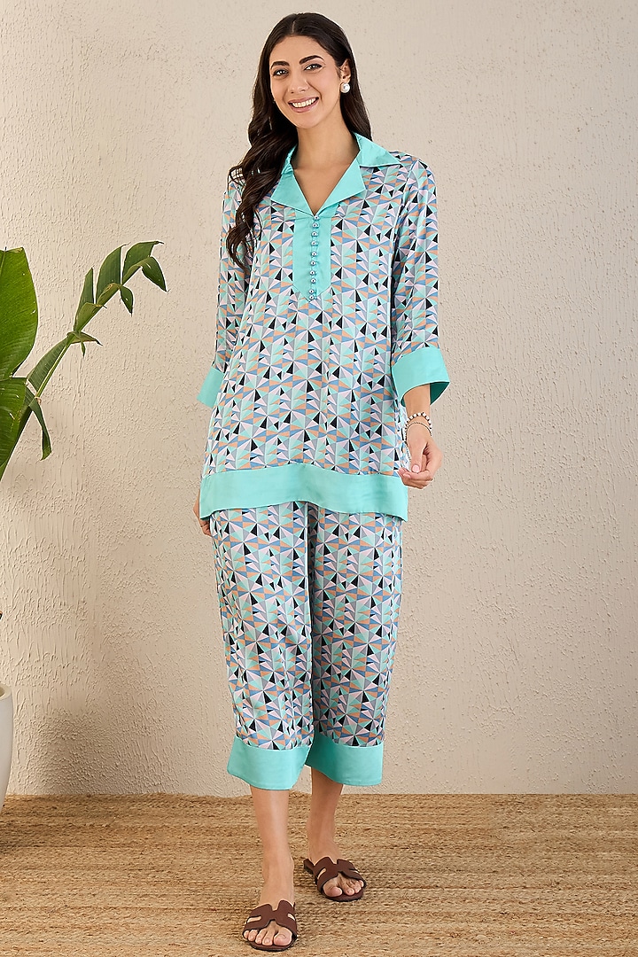 Grey & Aqua Bemberg Modal Satin Geometric Printed Co-Ord Set by First Resort by Ramola Bachchan at Pernia's Pop Up Shop