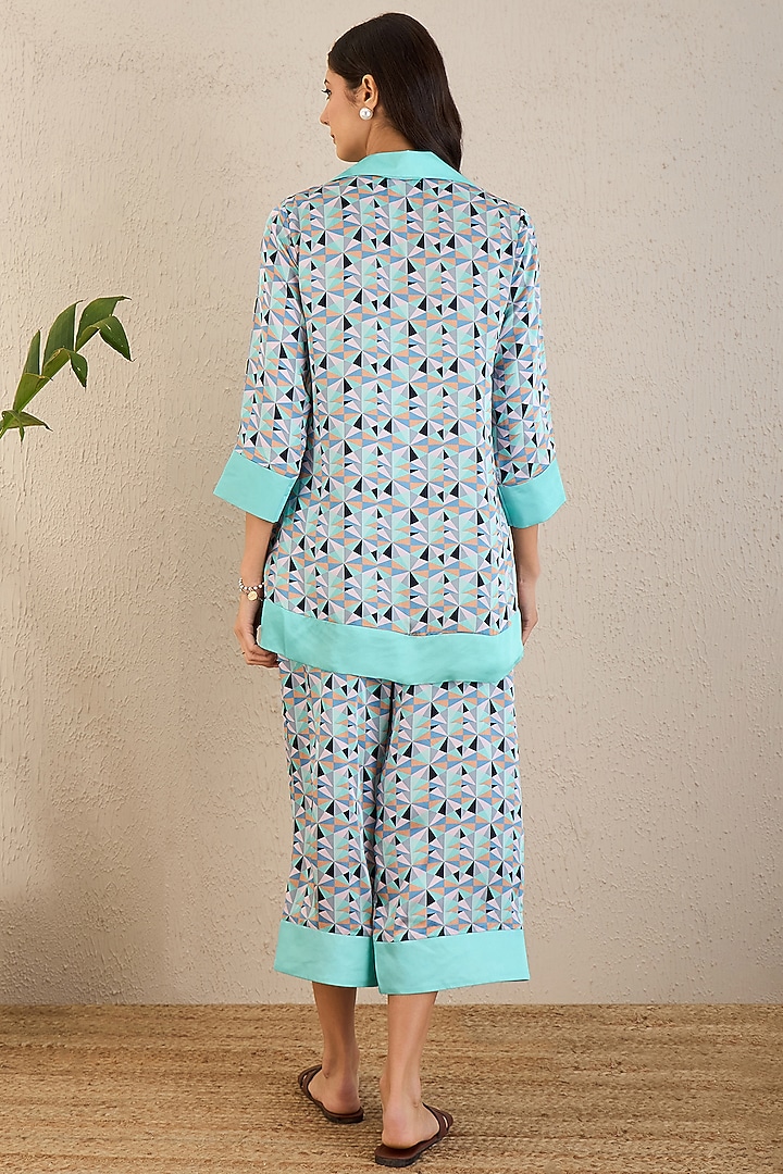 Grey & Aqua Bemberg Modal Satin Geometric Printed Co-Ord Set by First Resort by Ramola Bachchan at Pernia's Pop Up Shop