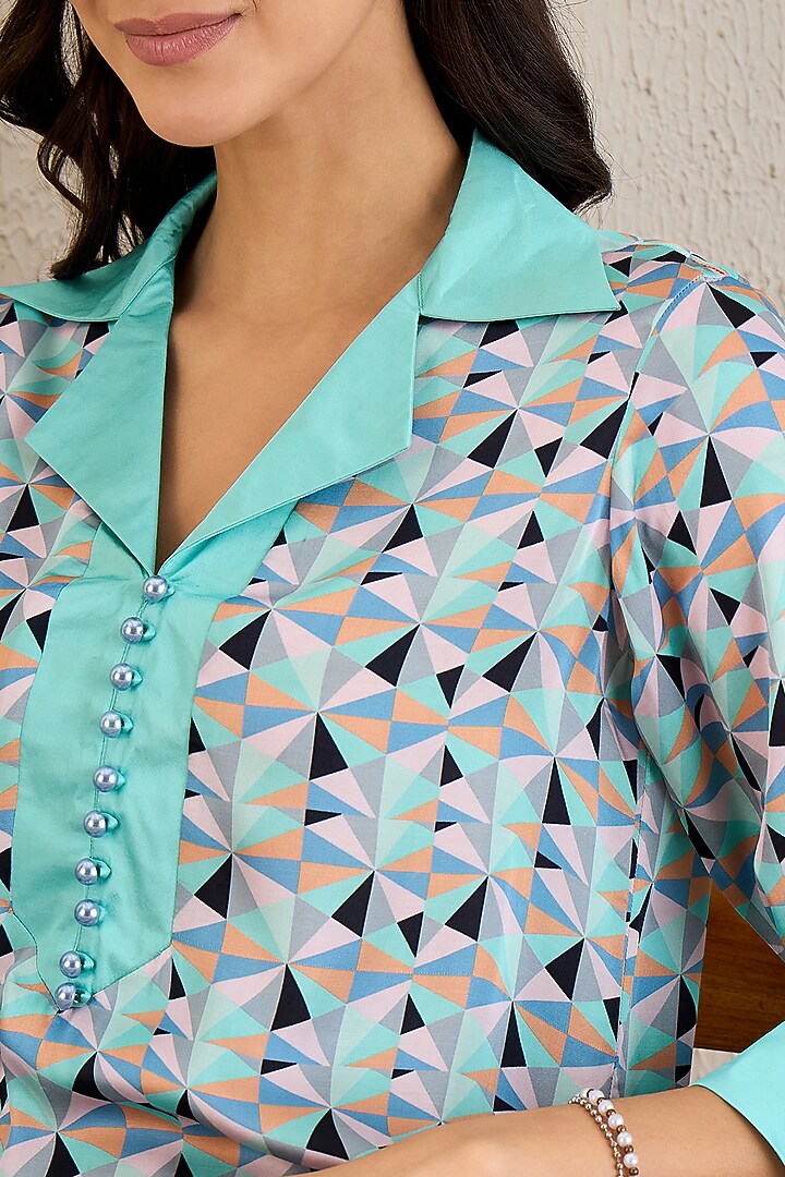 Grey & Aqua Bemberg Modal Satin Geometric Printed Co-Ord Set by First Resort by Ramola Bachchan at Pernia's Pop Up Shop