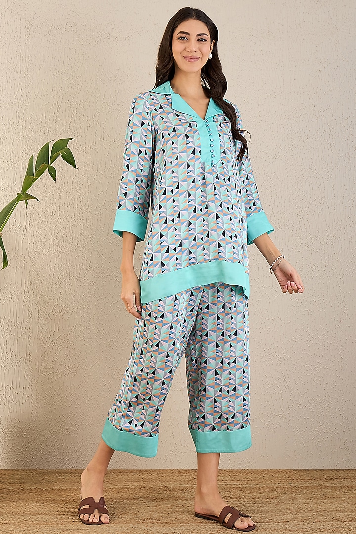 Grey & Aqua Bemberg Modal Satin Geometric Printed Co-Ord Set by First Resort by Ramola Bachchan at Pernia's Pop Up Shop