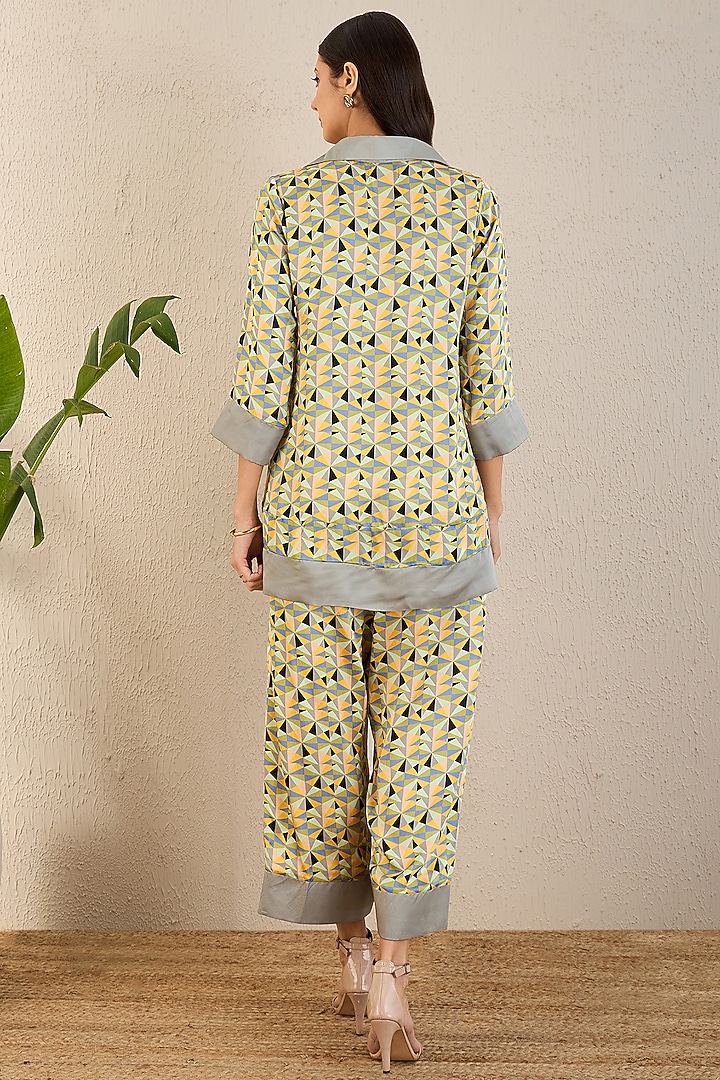 Pale Grey & Lemon Bemberg Modal Satin Geometric Printed Co-Ord Set by First Resort by Ramola Bachchan at Pernia's Pop Up Shop