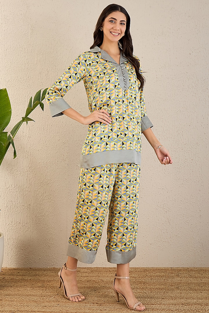 Pale Grey & Lemon Bemberg Modal Satin Geometric Printed Co-Ord Set by First Resort by Ramola Bachchan at Pernia's Pop Up Shop