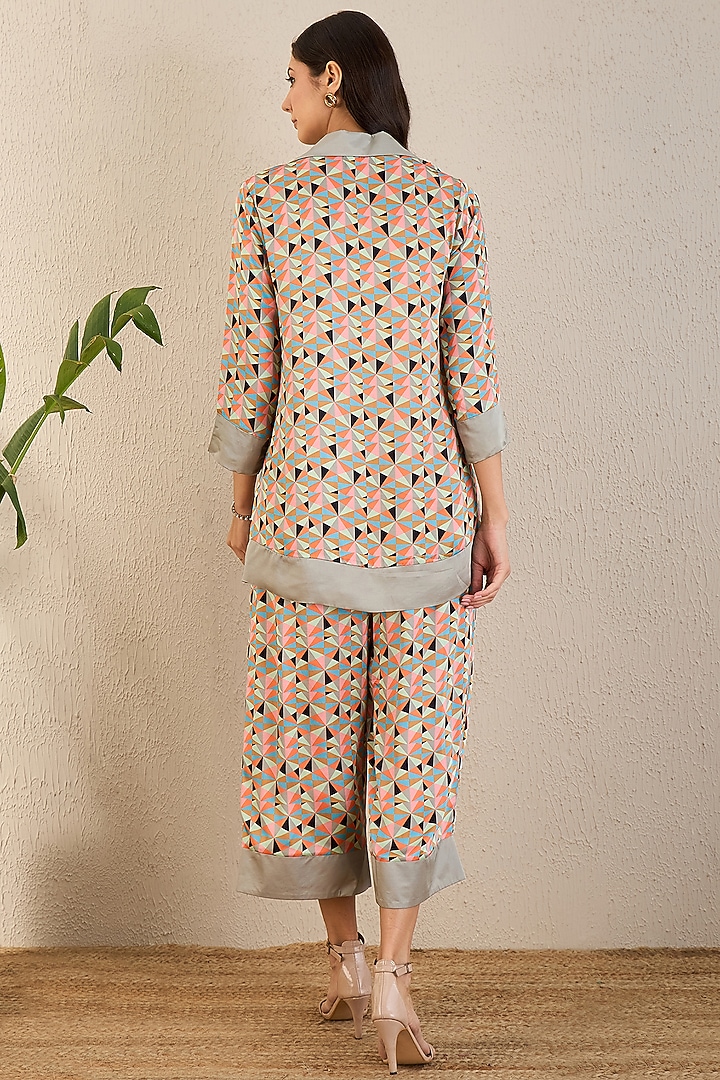 Pale Grey & Peach Bemberg Modal Satin Geometric Printed Co-Ord Set by First Resort by Ramola Bachchan at Pernia's Pop Up Shop