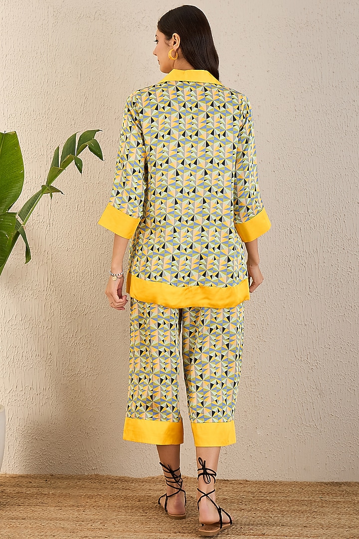 Primrose Yellow Bemberg Modal Satin Geometric Printed Co-Ord Set by First Resort by Ramola Bachchan at Pernia's Pop Up Shop